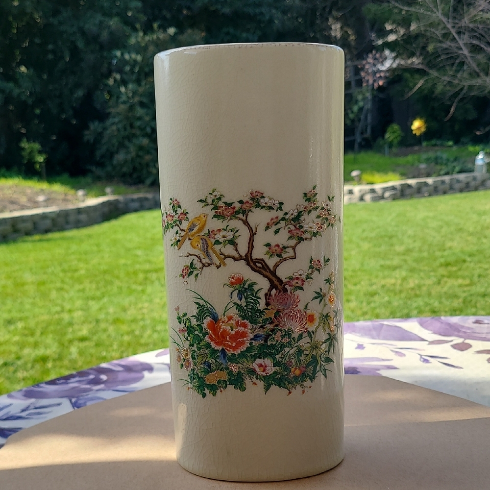Charming Ceramic Vase with Floral and Bird Motif